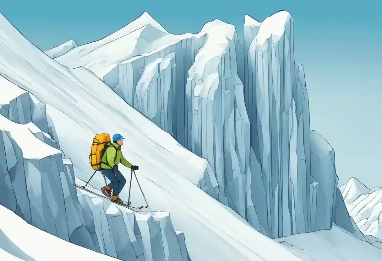 A figure scaling a steep alpine ice wall, carrying a large pack labeled "weight loss hacks." Critics below point and shake their heads