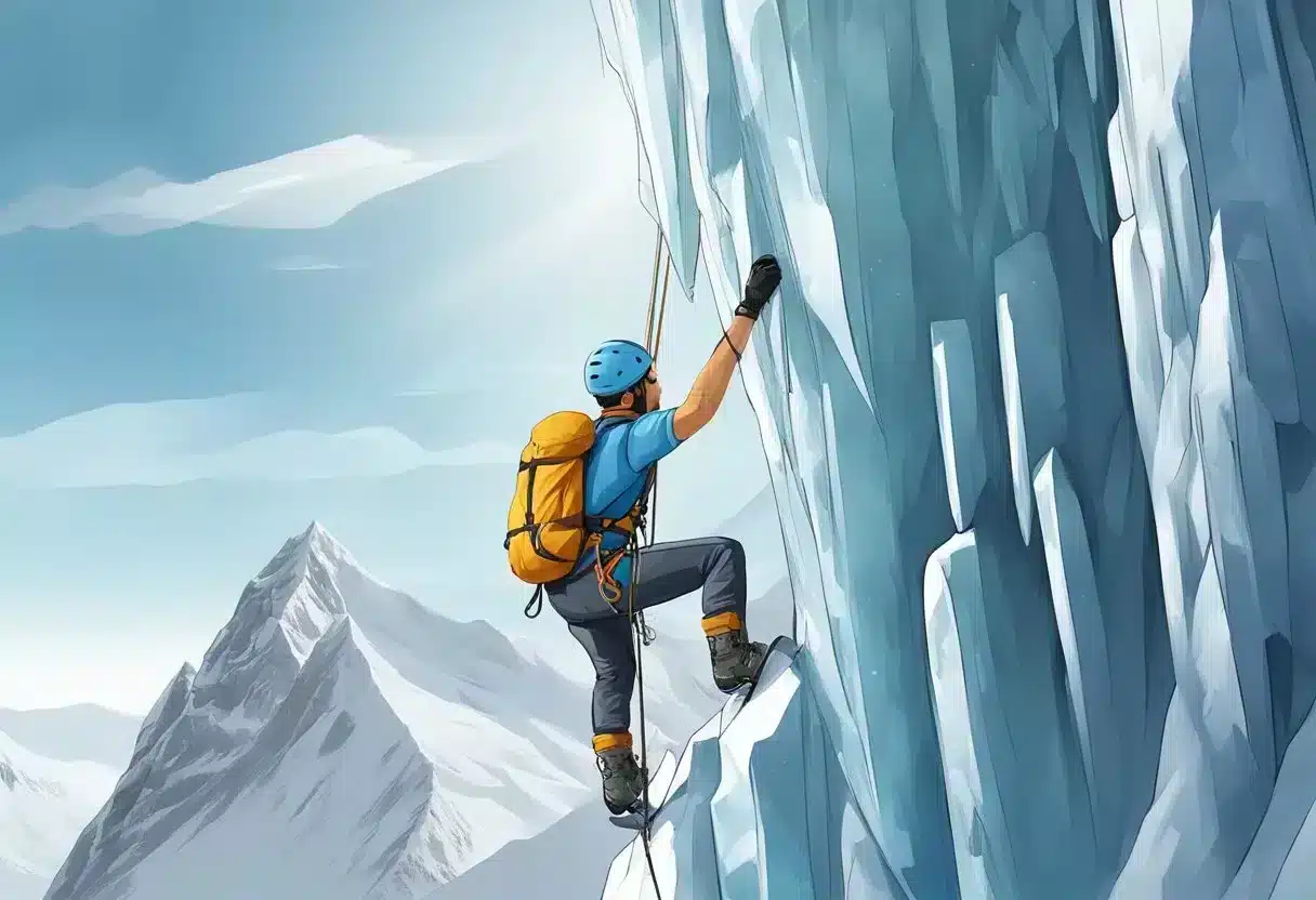 A climber scales an alpine ice wall, adhering to safety and regulatory aspects, using an ice hack for weight loss