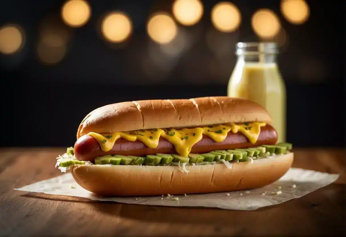 A keto-friendly hot dog with mustard, sauerkraut, and avocado slices, surrounded by low-carb condiments like sugar-free ketchup and mayonnaise