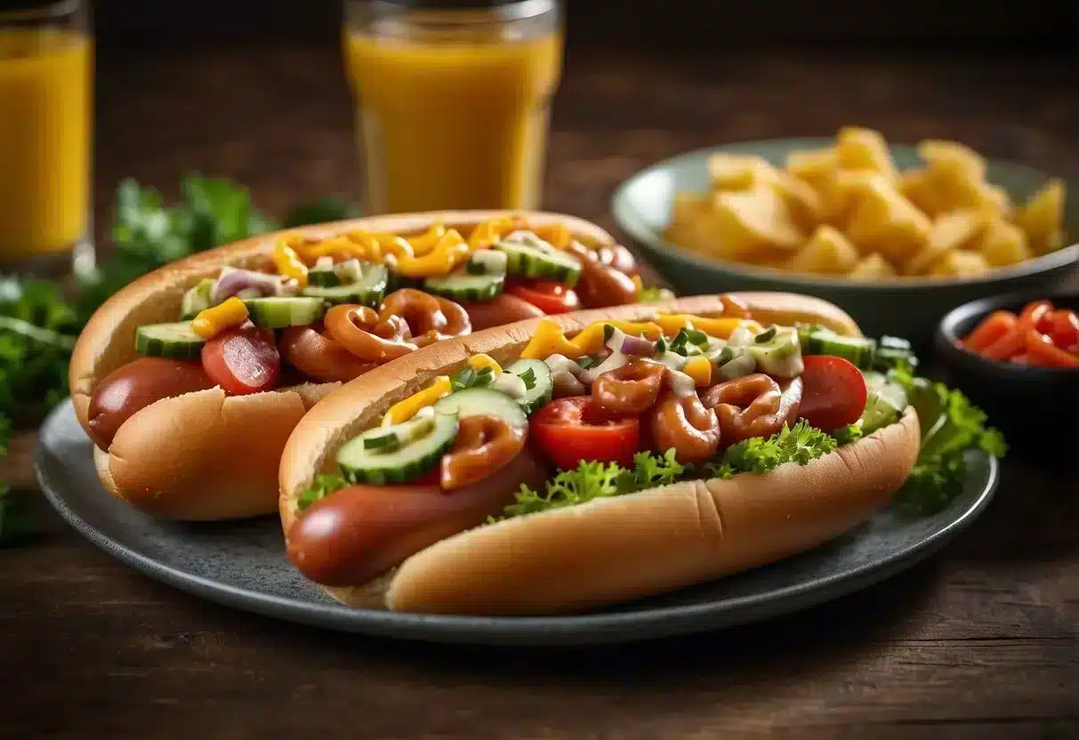 A plate with keto-friendly hot dogs, surrounded by low-carb condiments and vegetables