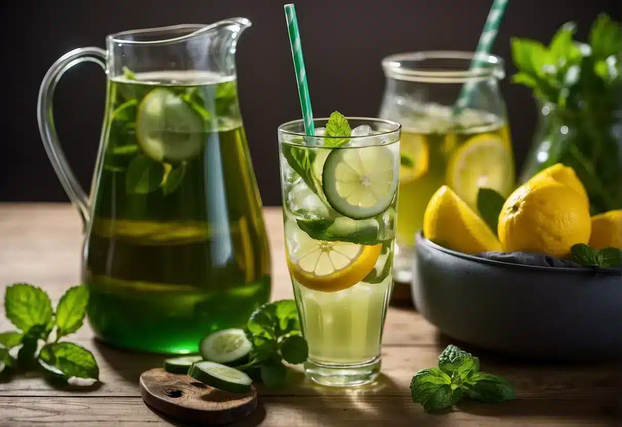 A glass of green tea with lemon and a pitcher of infused water with cucumber and mint sit on a table. A measuring tape wraps around a shapely waist in the background