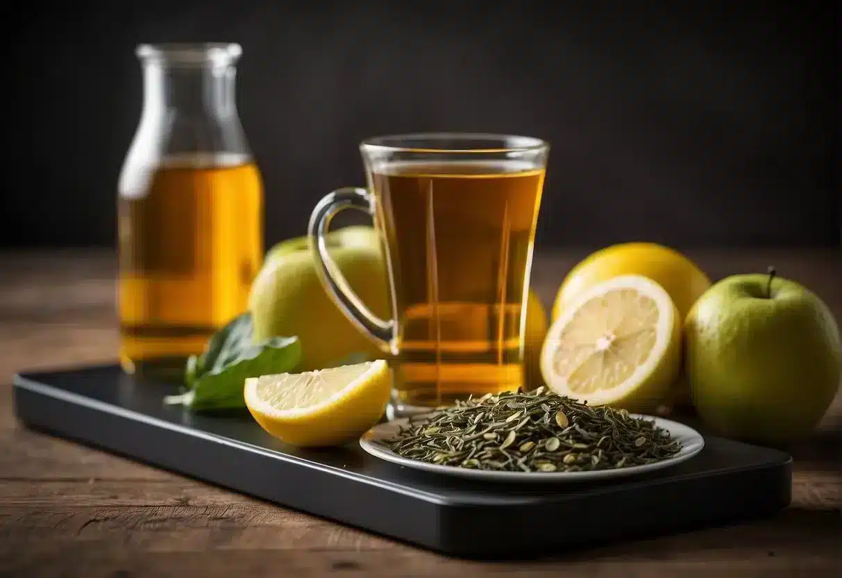 A table with various beverages, including green tea, lemon water, and apple cider vinegar, surrounded by measuring tape and a scale