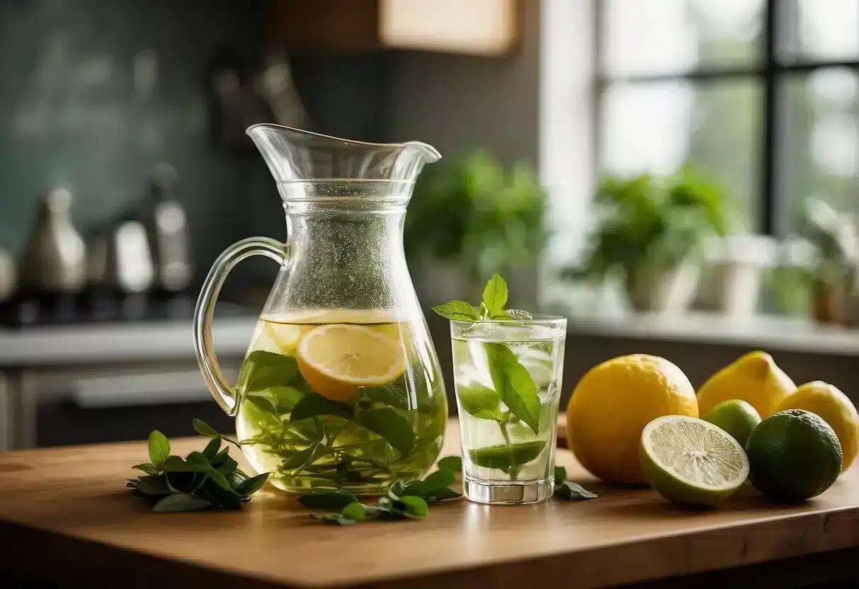 A glass of green tea and a pitcher of infused water sit on a kitchen counter, surrounded by fresh fruits and herbs