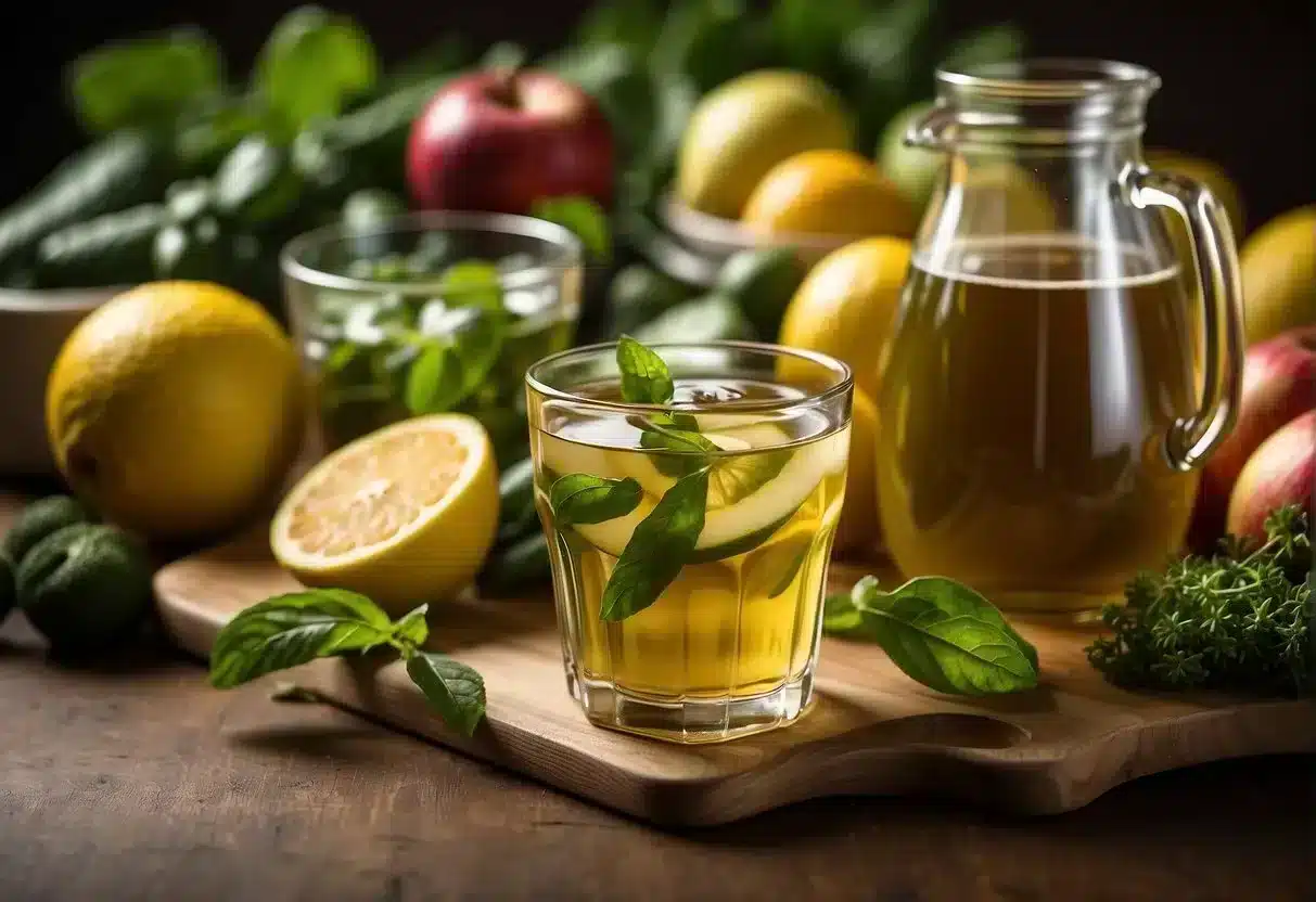 A table with a variety of healthy drinks, such as green tea, lemon water, and apple cider vinegar, surrounded by fruits and vegetables