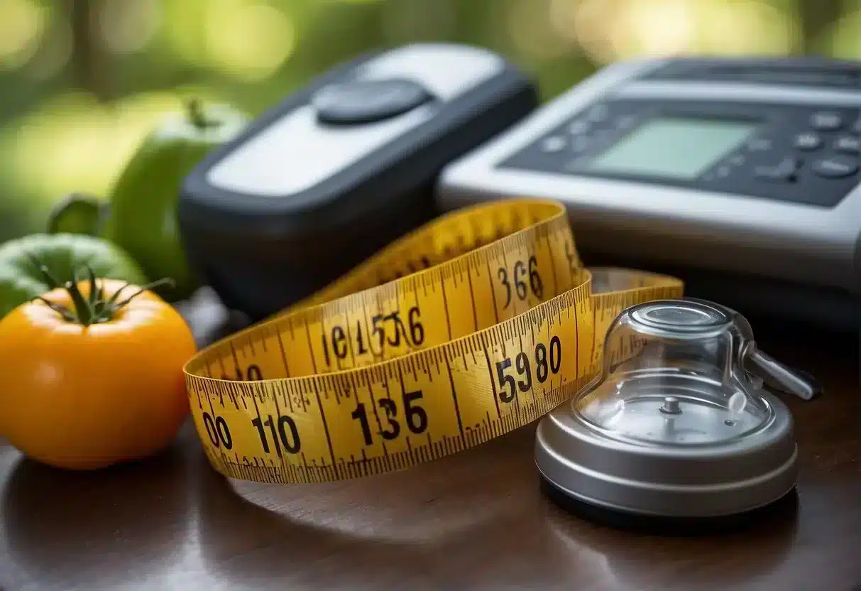 A tape measure wrapping around a waist, a plate of healthy food, a treadmill, and a water bottle