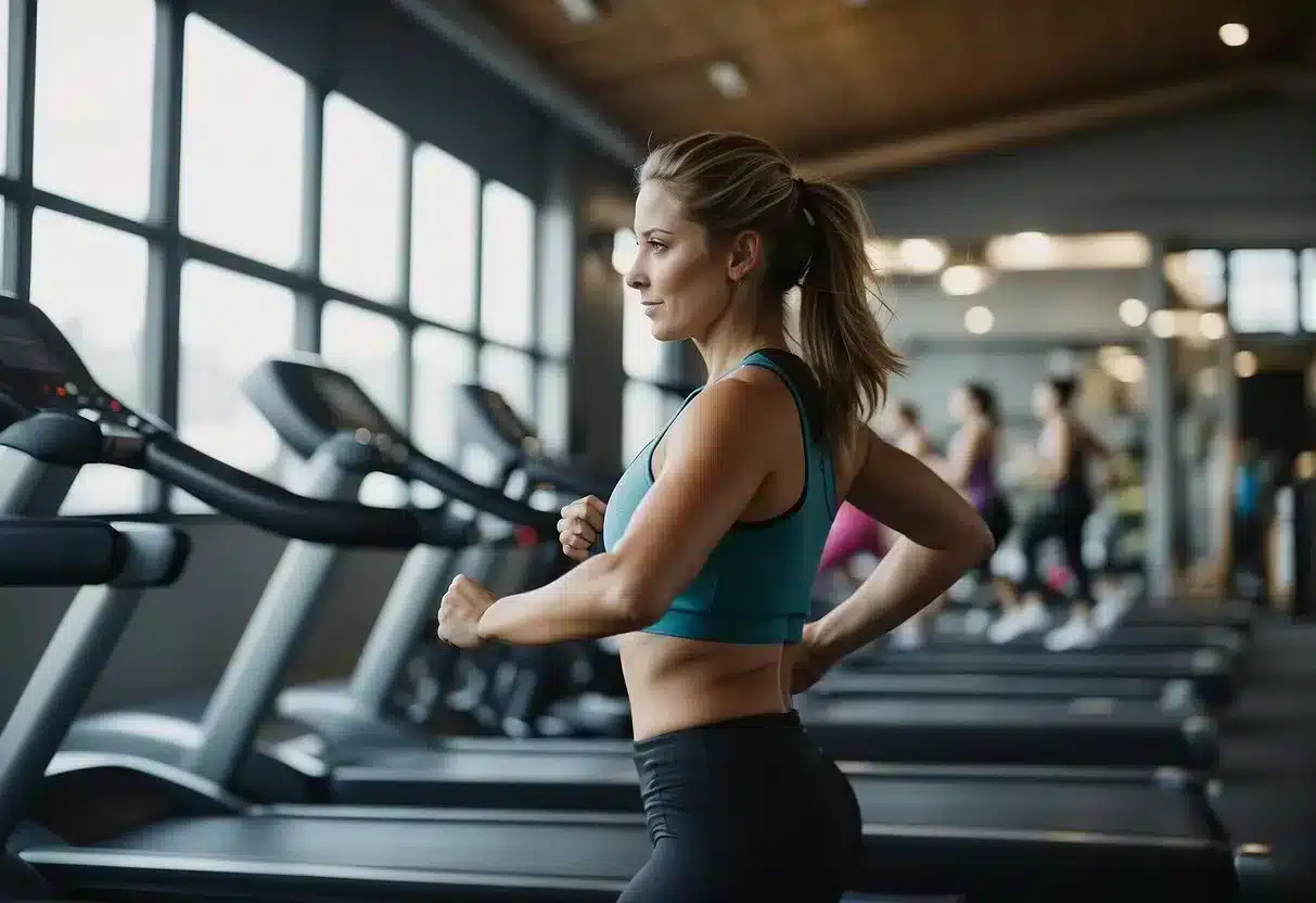 A person running on a treadmill, surrounded by exercise equipment and motivational posters. Sweat drips down their face as they push themselves to reach their fat loss goals