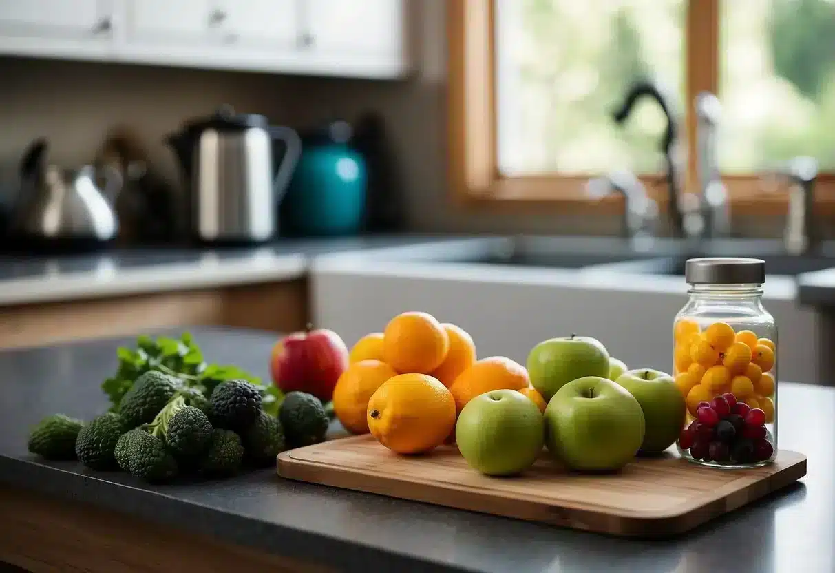 A kitchen counter with fresh fruits, vegetables, and a water bottle. A scale and measuring tape nearby. A workout mat and dumbbells in the background