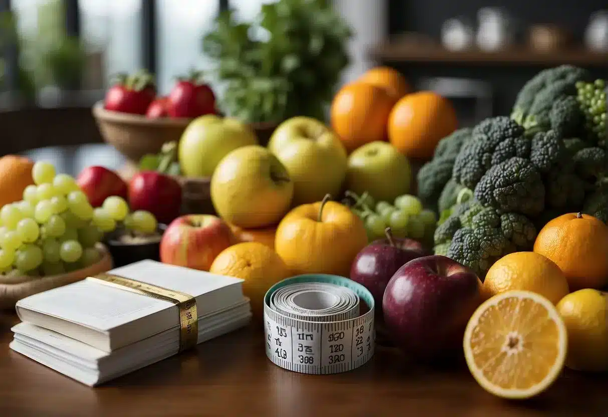 A table with colorful fruits, vegetables, and lean proteins. A measuring tape wrapped around a waistline. Textbooks on nutrition and exercise in the background