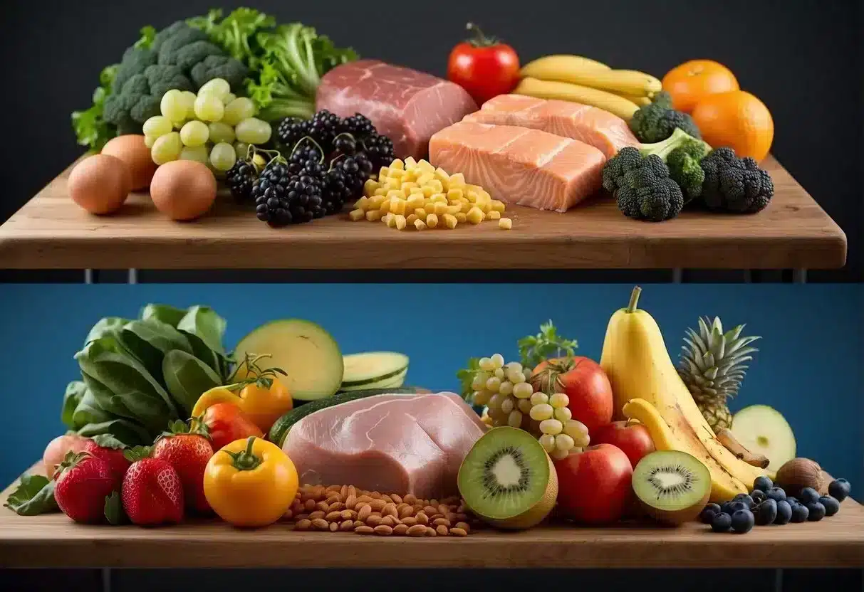 A table split in half, one side with high-fat, low-carb foods for Keto, the other side with lean meats, fruits, and vegetables for Paleo