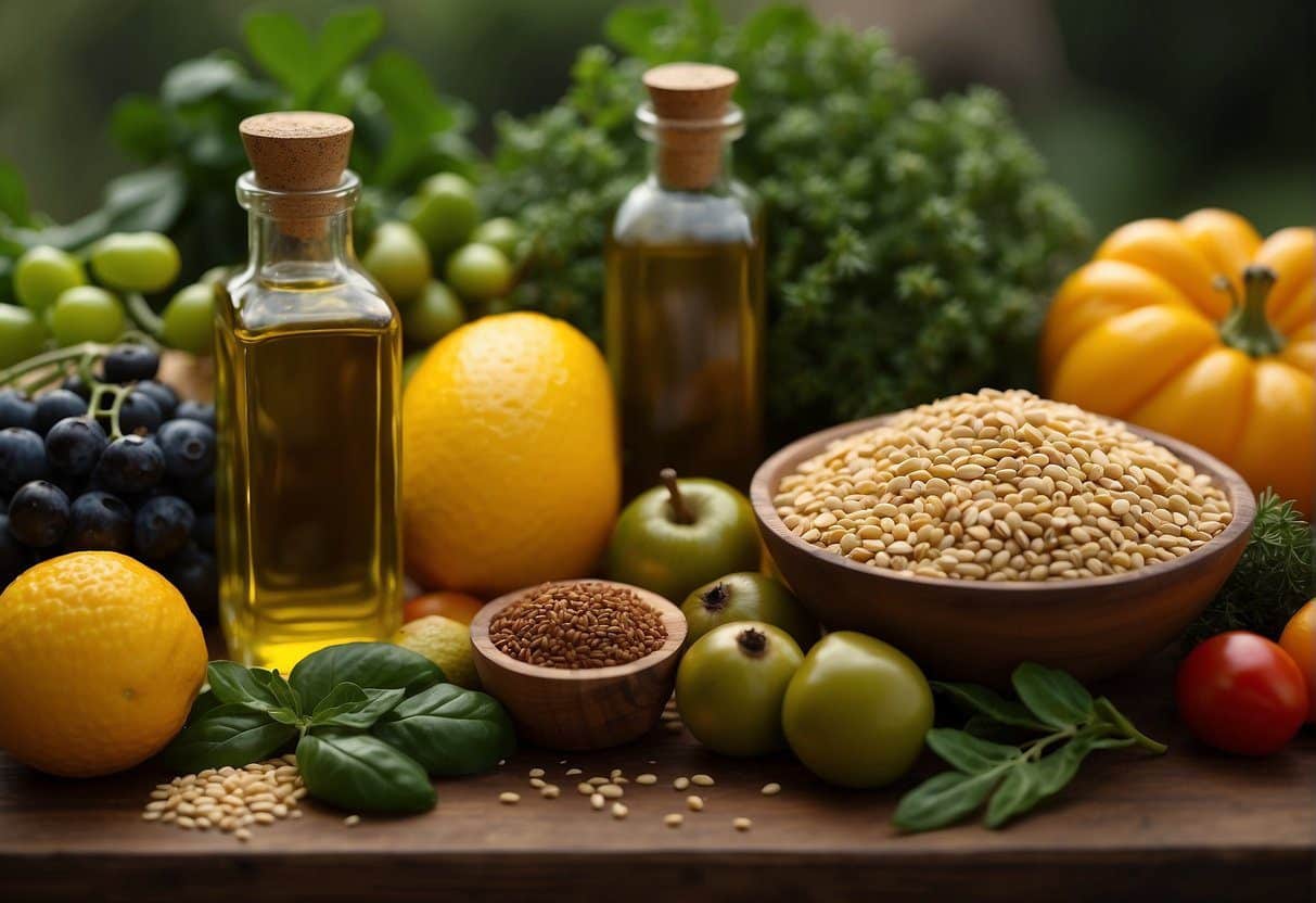 A table filled with colorful fruits, vegetables, and whole grains. A variety of herbs and spices are displayed next to a bottle of olive oil
