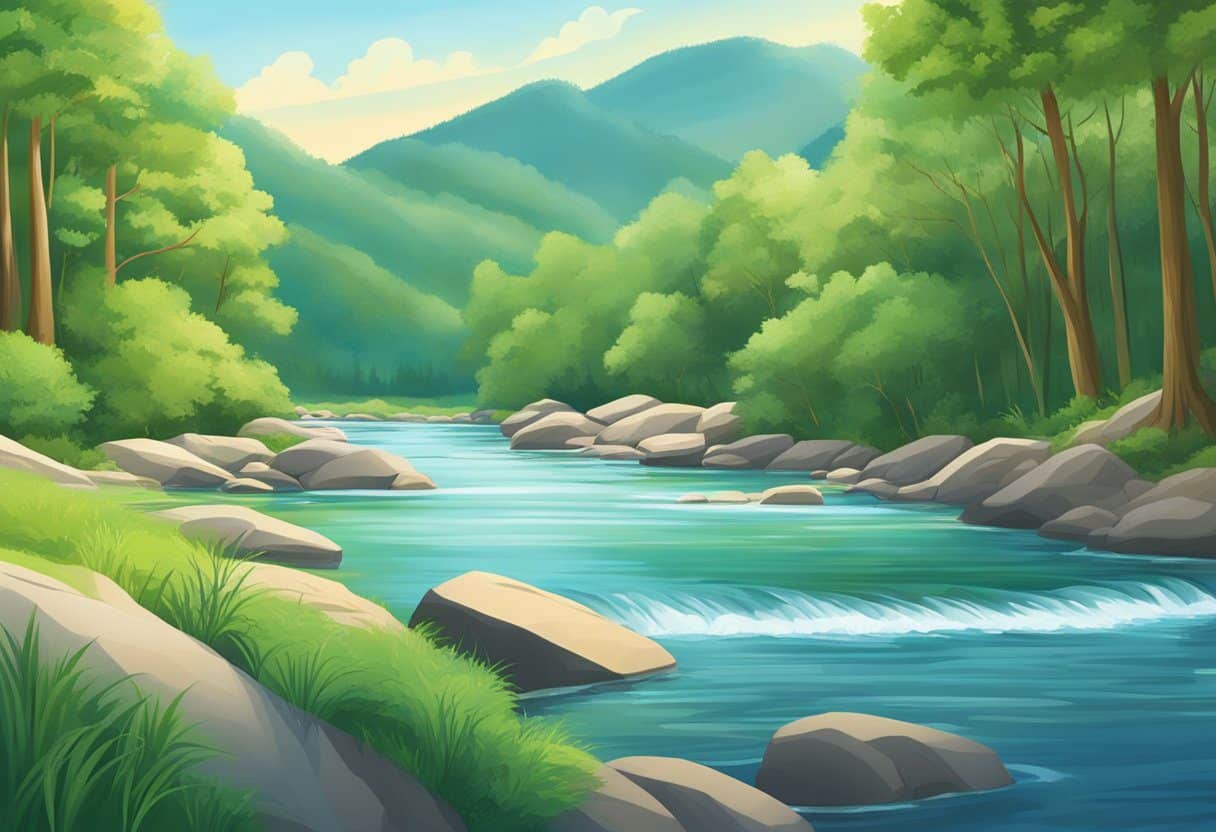 image-157 - Preventive Medicine Daily A serene natural landscape with a flowing river, lush greenery, and a clear blue sky, showcasing the calming effects of nature on memory retention
