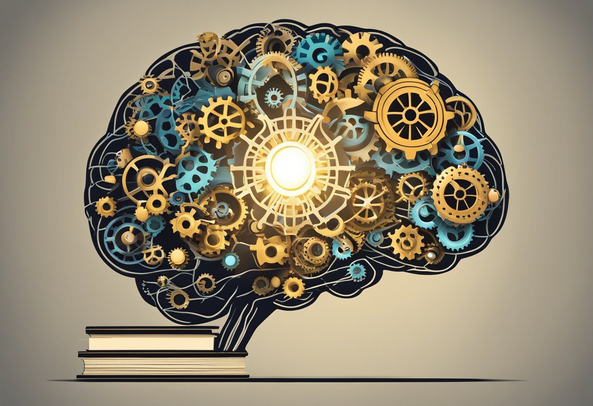 image-159 - Preventive Medicine Daily A brain with gears turning, surrounded by books and a glowing light bulb, symbolizing cognitive strategies for memory enhancement