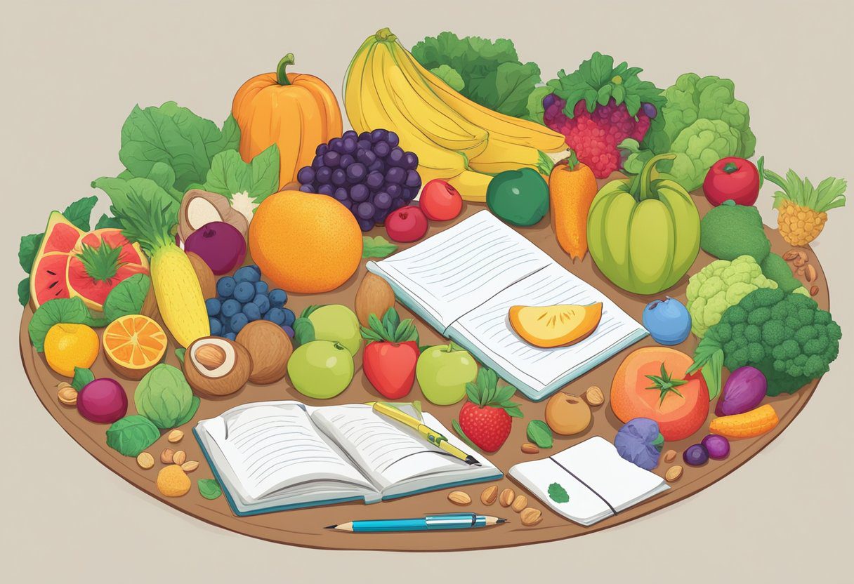 image-160 - Preventive Medicine Daily A table with a variety of colorful fruits, vegetables, and nuts, surrounded by books and brain-shaped puzzles. A person writing notes on a whiteboard about the connection between nutrition and memory