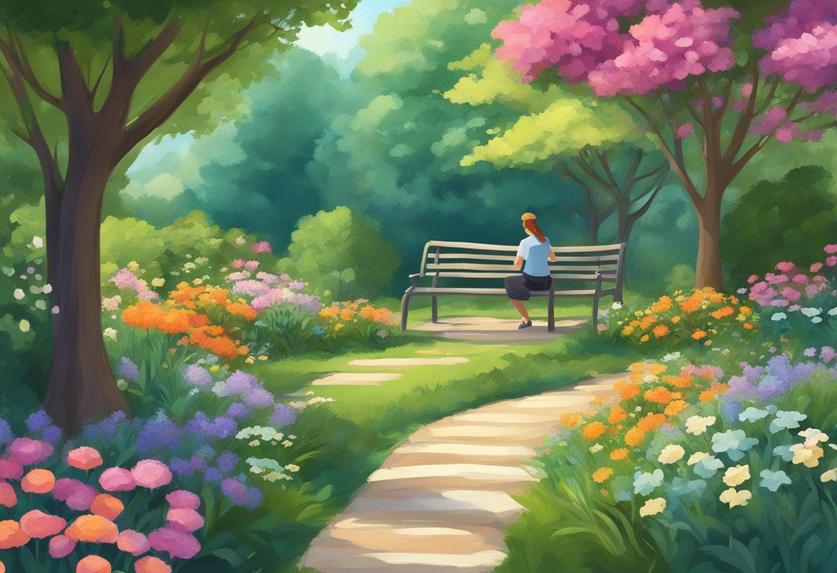 image-161 - Preventive Medicine Daily A serene garden with a winding path, surrounded by vibrant flowers and lush greenery. A person sits under a tree, reading a book on memory improvement