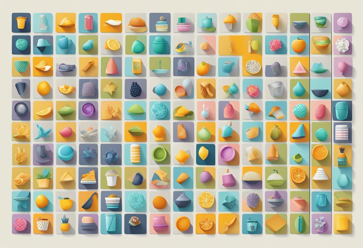 A colorful array of objects arranged in a grid, with varying shapes, sizes=