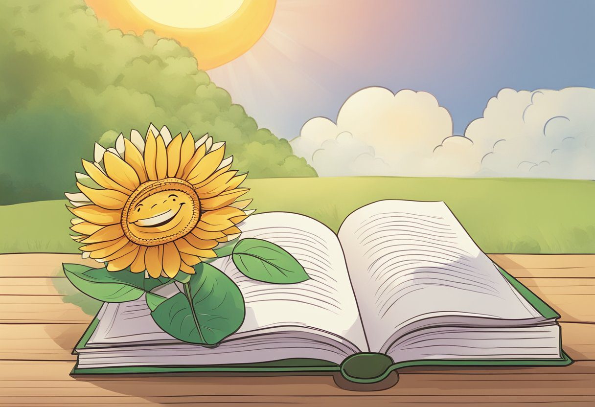 A blooming flower next to a book with the title "Growth Mindset" and a smiling sun in the background