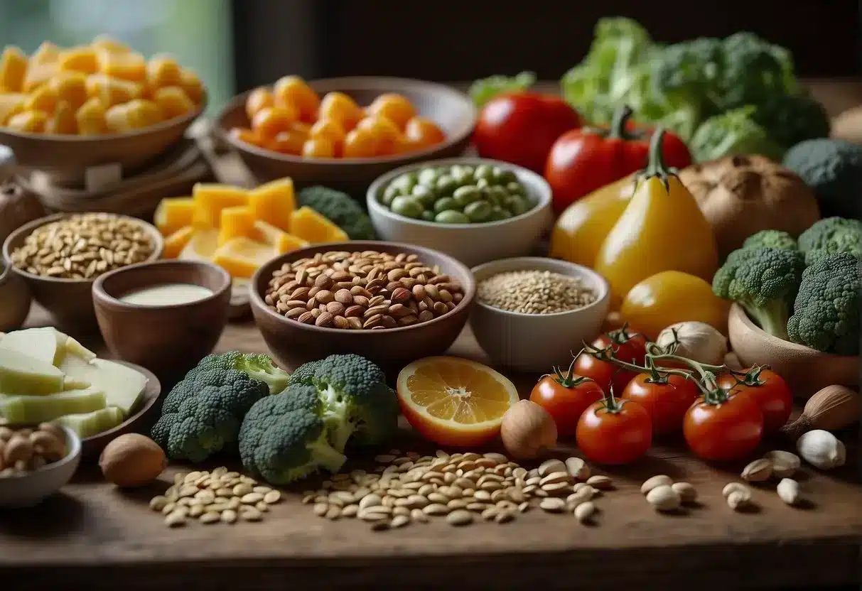 A table with a variety of foods, including vegetables, meat, nuts, and seeds. A scale showing the difference between keto and paleo diets