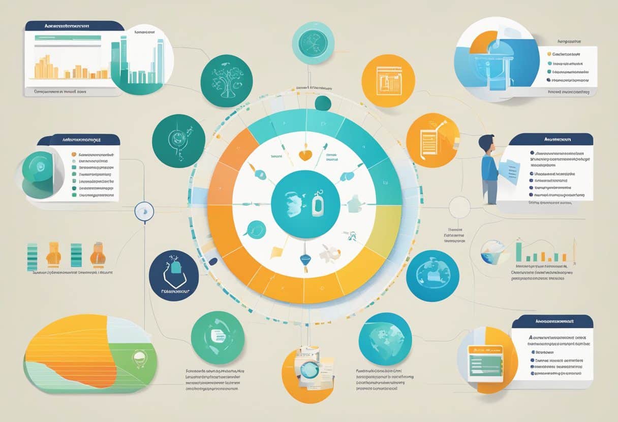 A table with various assessment frameworks and models for preventive health interventions, surrounded by graphs and charts