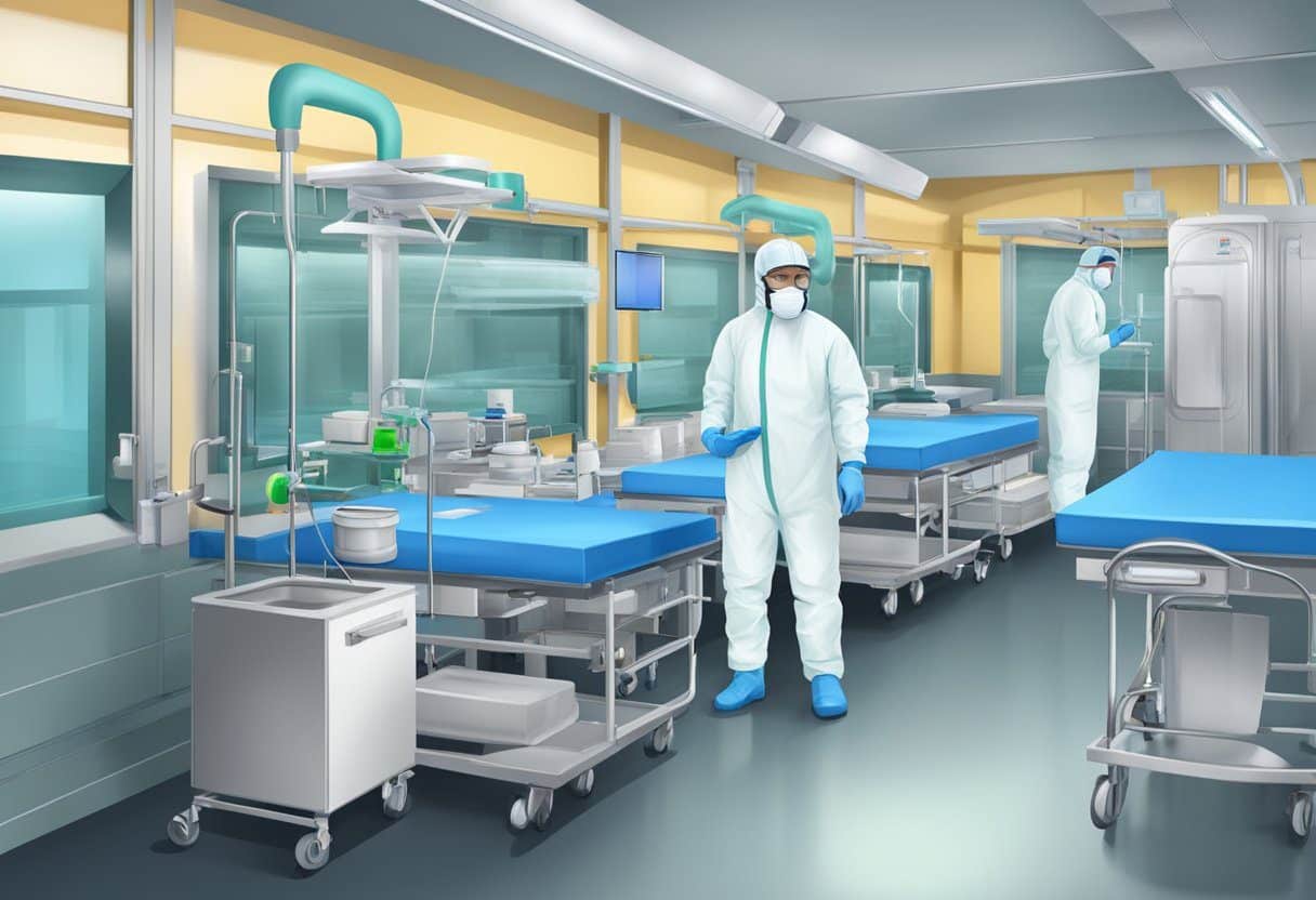 A sterile environment with medical equipment and protective gear, showing the prevention and control of infectious diseases