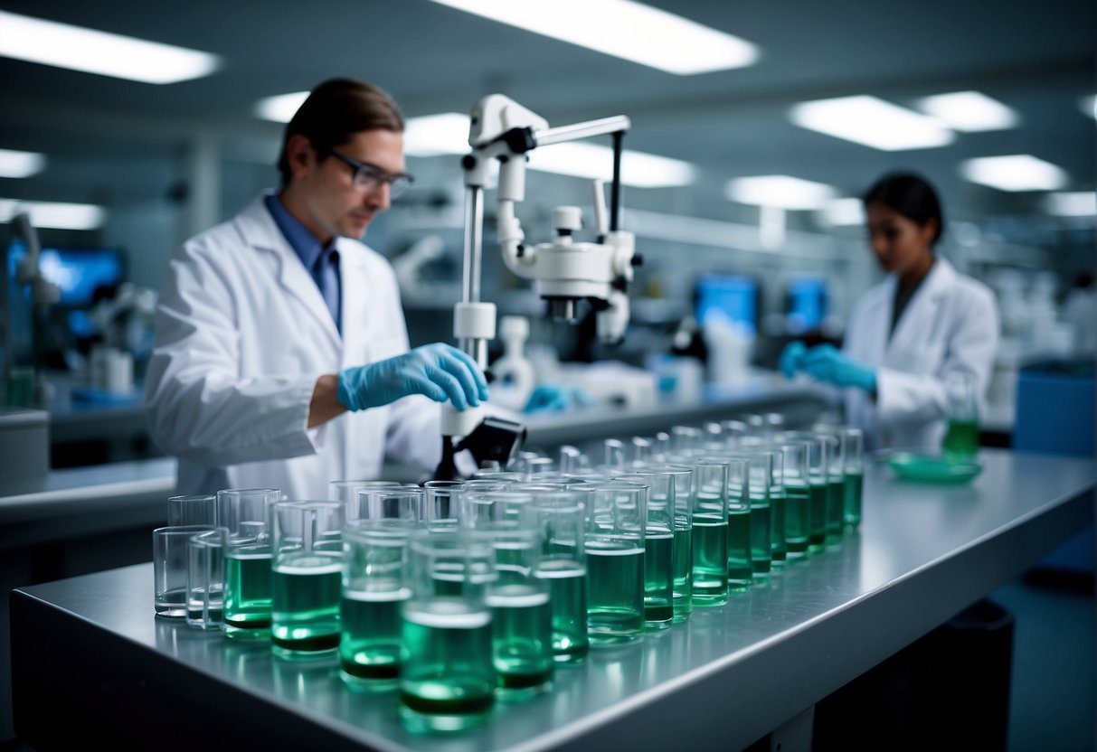 A laboratory with scientists developing vaccines for emerging diseases. Equipment and research materials are scattered on lab benches