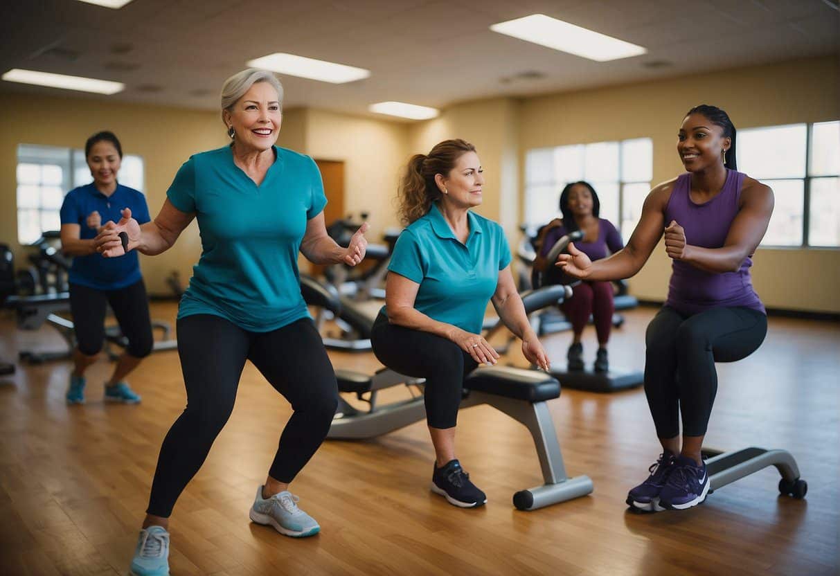 A group of diverse individuals engage in physical therapy exercises and mobility training to prevent disabilities