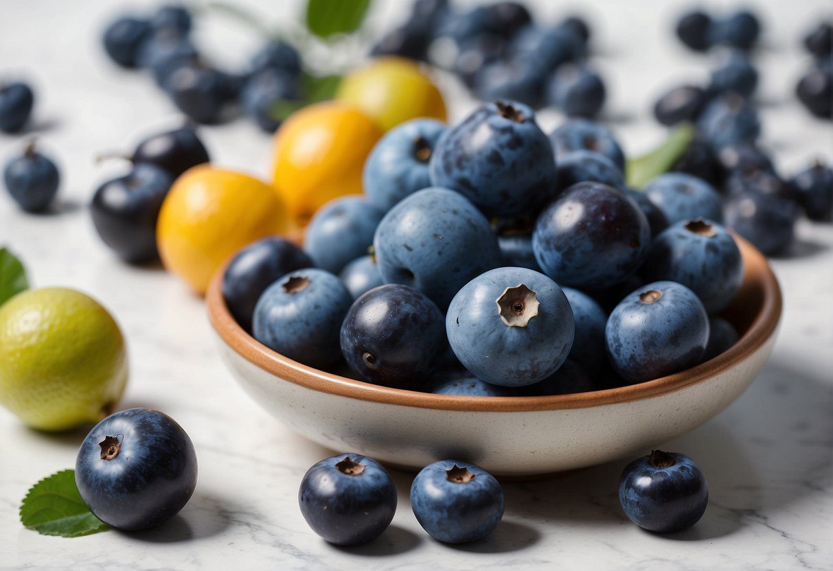 A pile of assorted blue fruits arranged on a white surface with a "Frequently Asked Questions" sign in the background