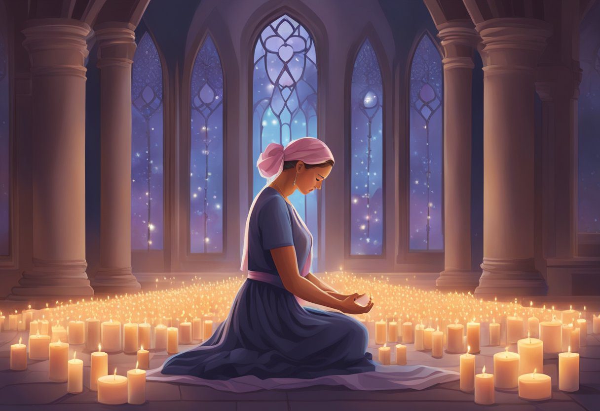 A woman kneels in prayer, surrounded by candles and a rosary, seeking comfort and strength in her battle against breast cancer