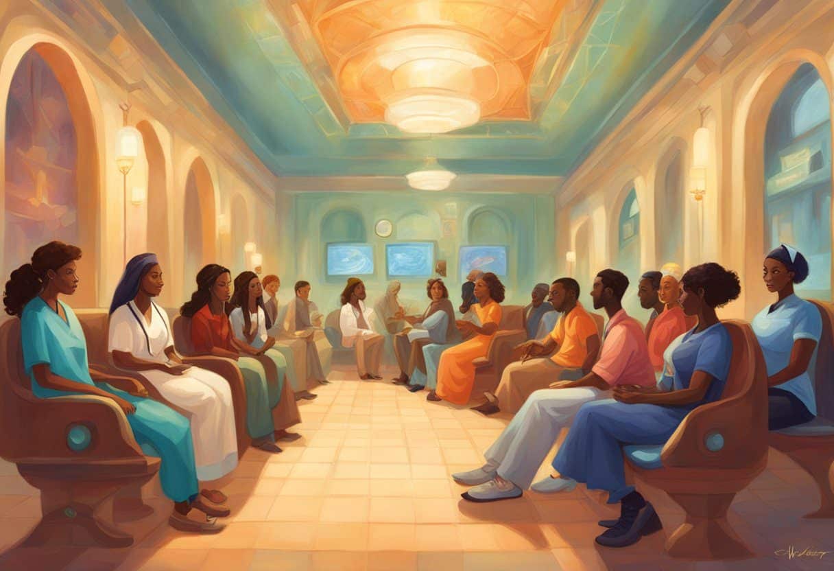 A diverse group of people sitting in a waiting room, with a sign indicating "Screening in Specific Populations" and a nurse calling out names