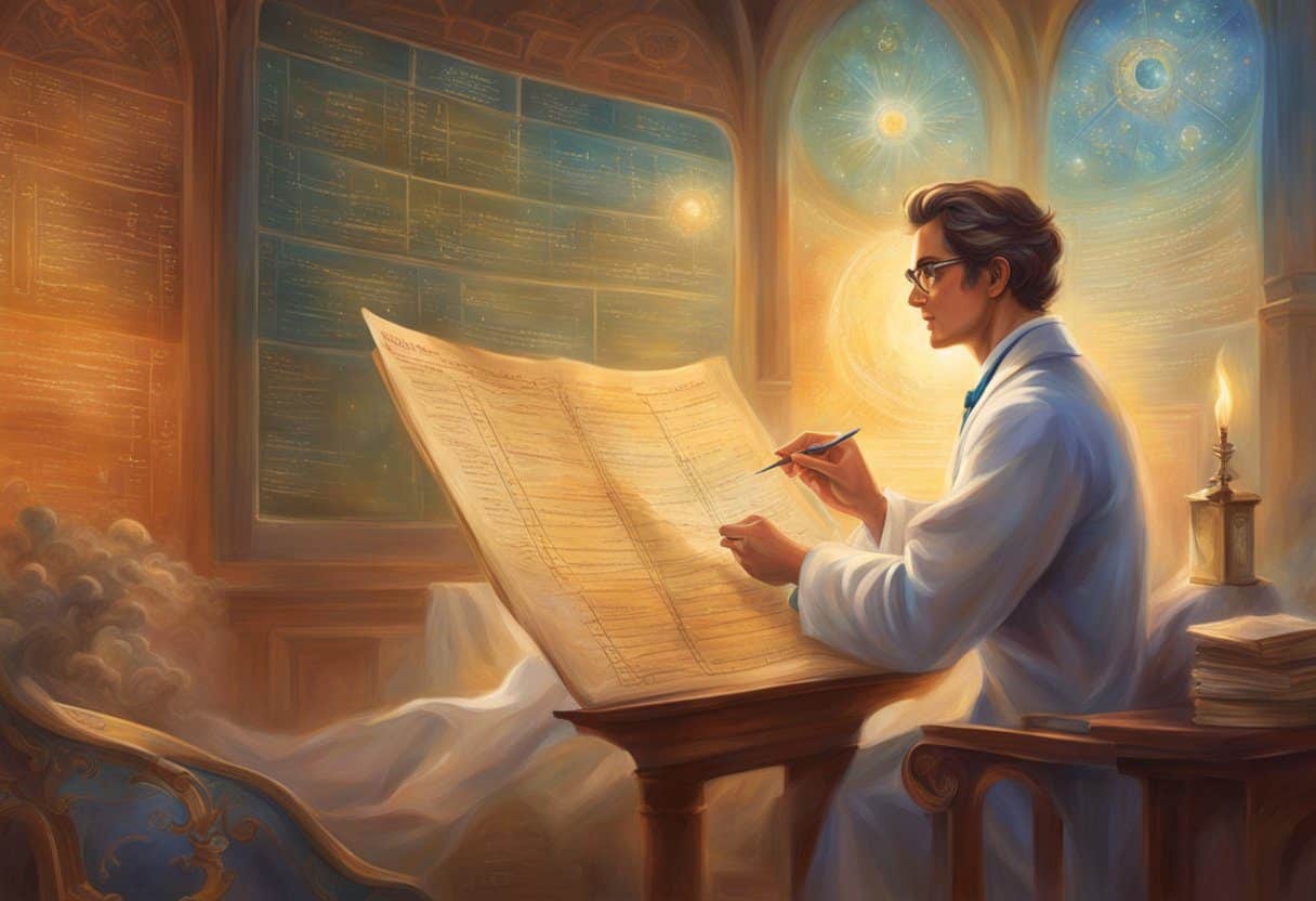 A doctor reviewing a chart of screening tests, with a list of guidelines and recommendations for common diseases