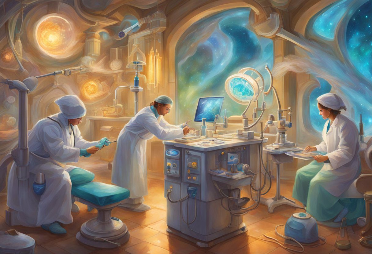 A doctor prepares and administers a colorectal cancer screening test. Instruments and equipment are laid out on a clean, sterile surface