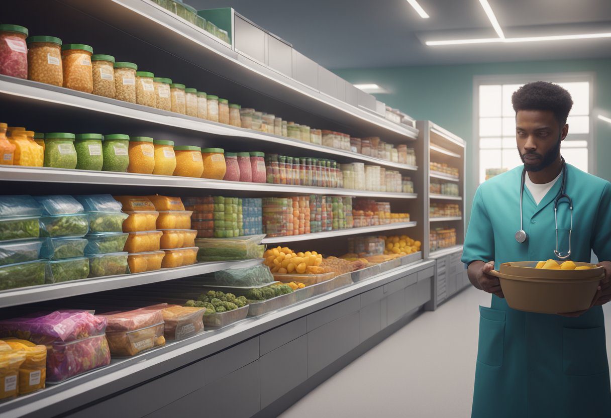 A table filled with colorful packaged foods, labeled "ultra-processed." A person looks at the items with concern, while a doctor points to a chart showing health implications