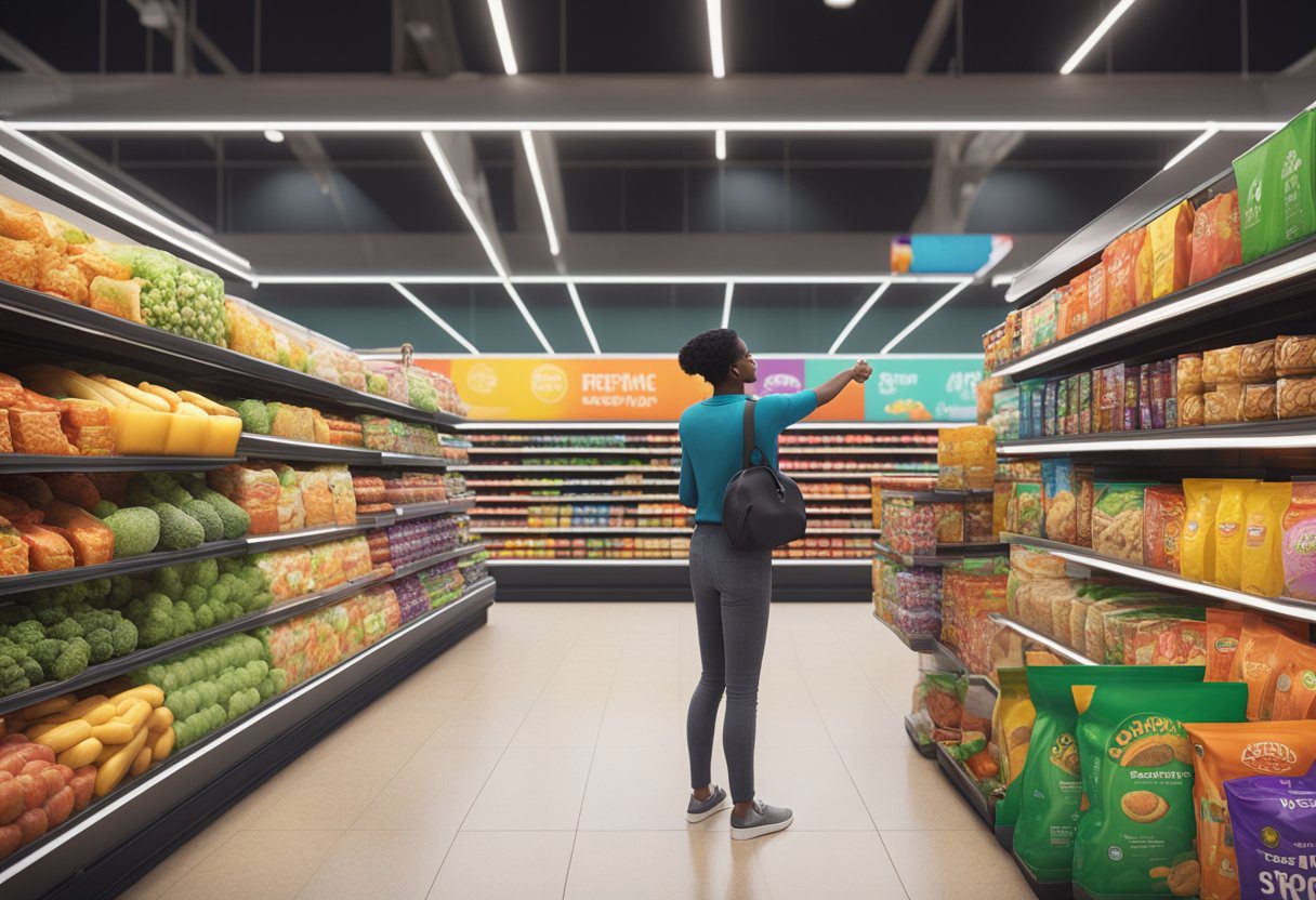 A person reaching for a brightly colored package of ultra-processed food in a supermarket aisle, while a display nearby showcases health-conscious alternatives