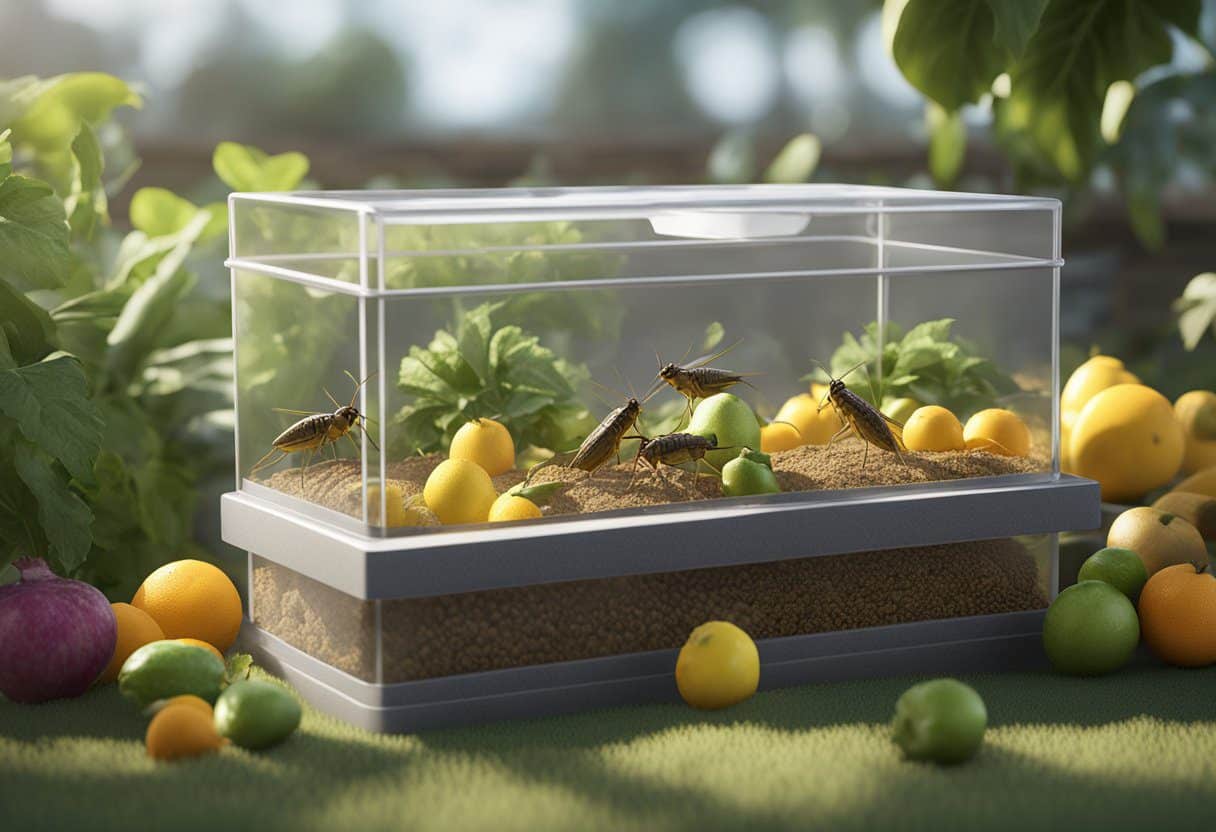 Crickets in enclosure eating fruits, vegetables, and commercial cricket feed. Water dish present. Temperature and humidity levels maintained