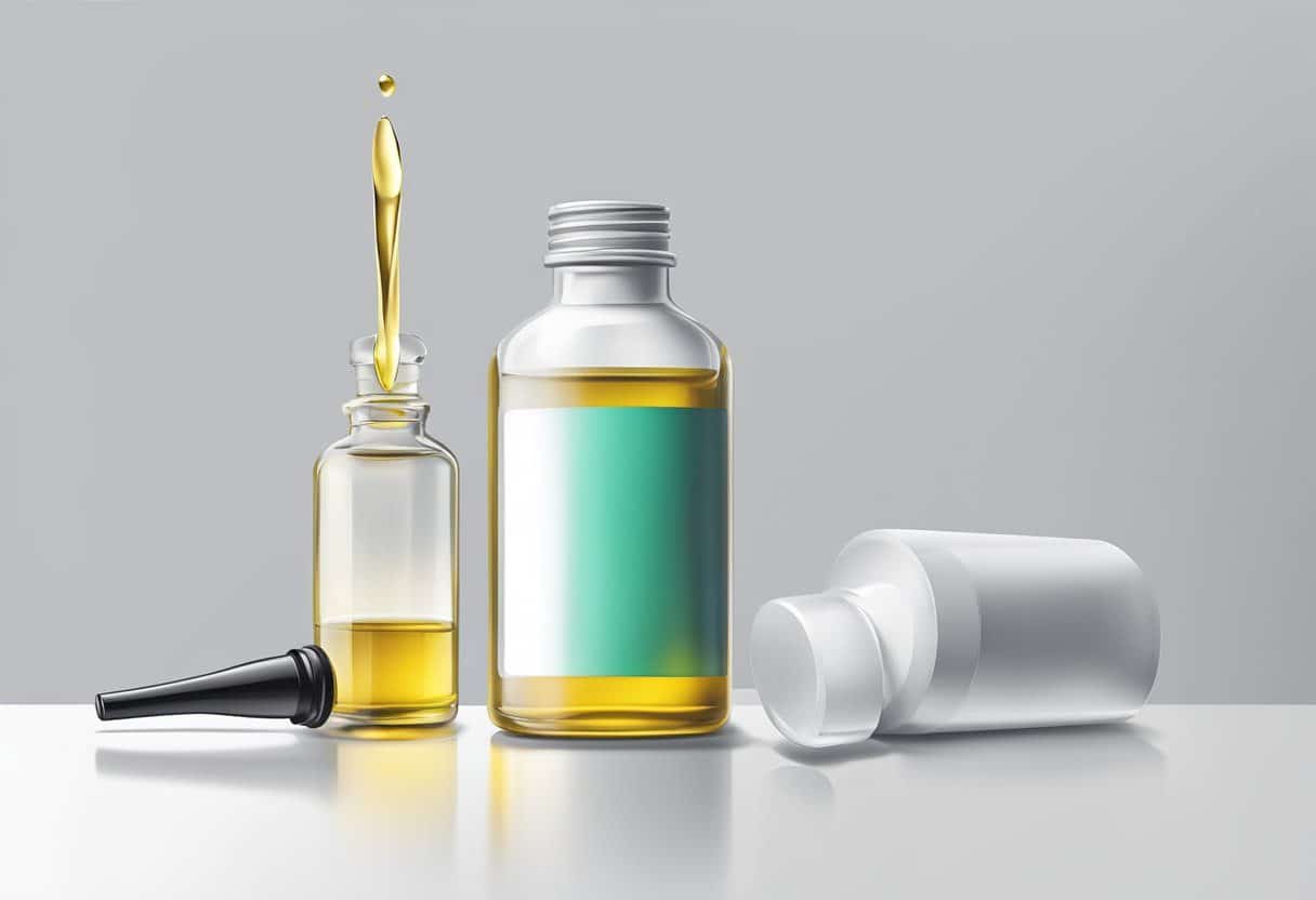 A bottle of sweet oil sits on a clean, white medical table. A dropper hovers above, ready to dispense the oil into a waiting ear