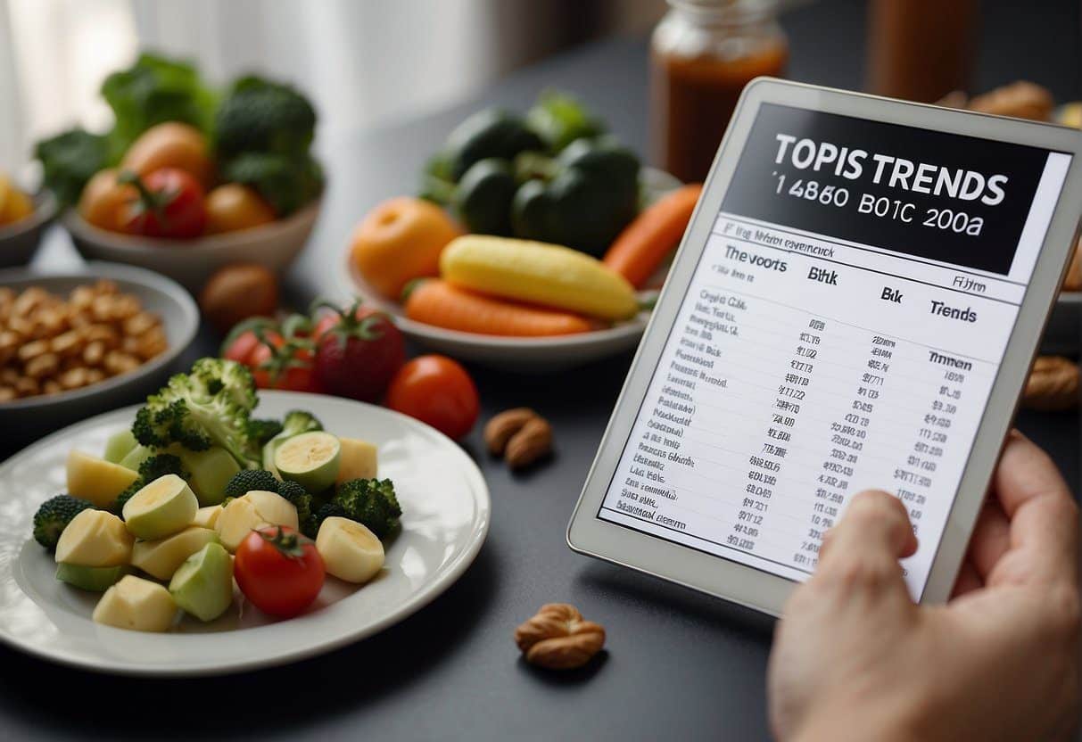 A table with various food items labeled as top diet trends for 2024. A chart showing the correlation between diet and health. A person reading a book on nutrition in the background