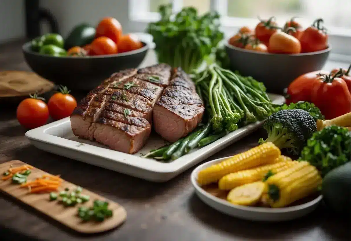A kitchen counter displays a variety of fresh vegetables, lean meats, and healthy fats. A cookbook open to a page on keto and paleo recipes sits nearby
