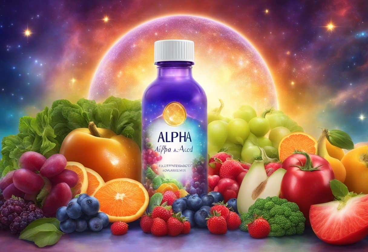 A bottle of alpha-lipoic acid supplements surrounded by fresh fruits and vegetables, with a glowing halo effect to illustrate its health benefits beyond diabetes