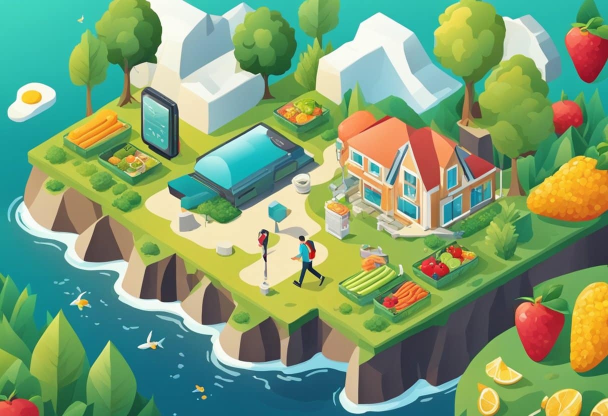 A sunny landscape with a person outdoors, surrounded by healthy food and a blood sugar monitor