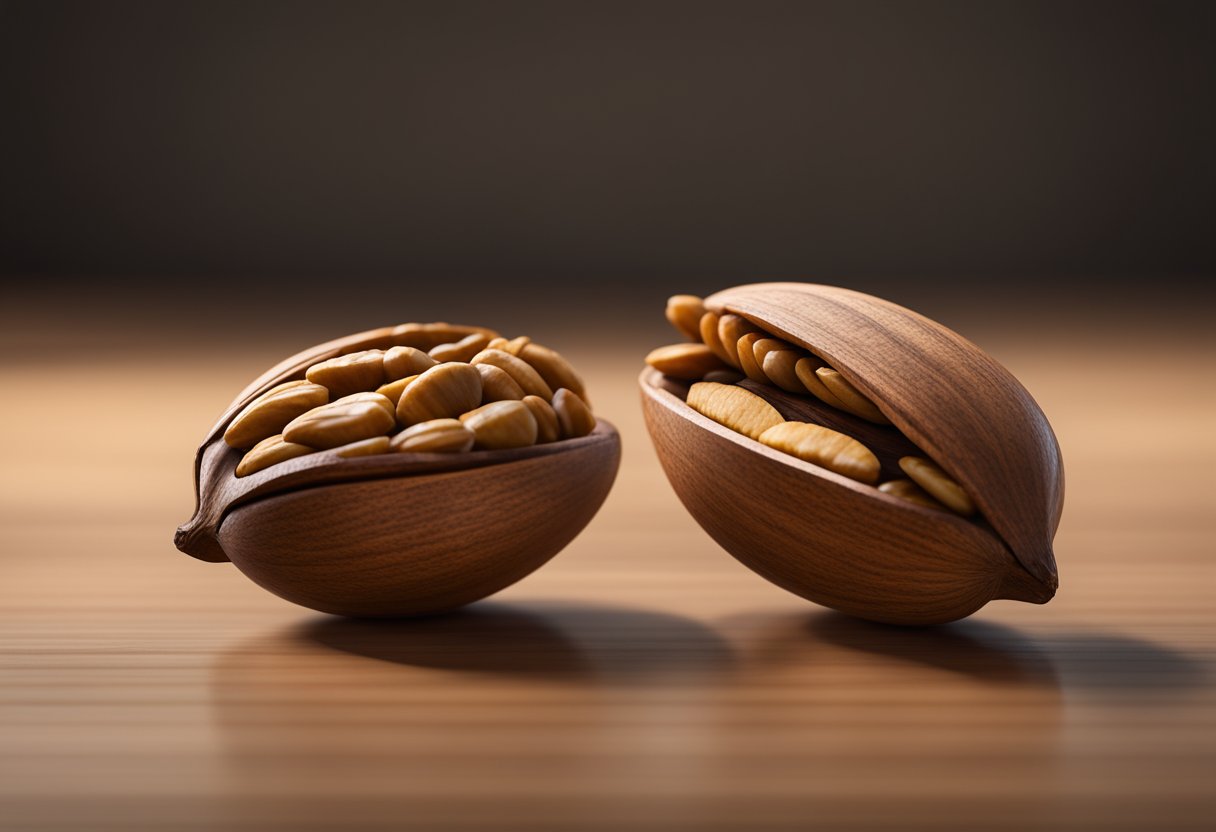 A pecan and a walnut are placed side by side, showcasing their different sizes=