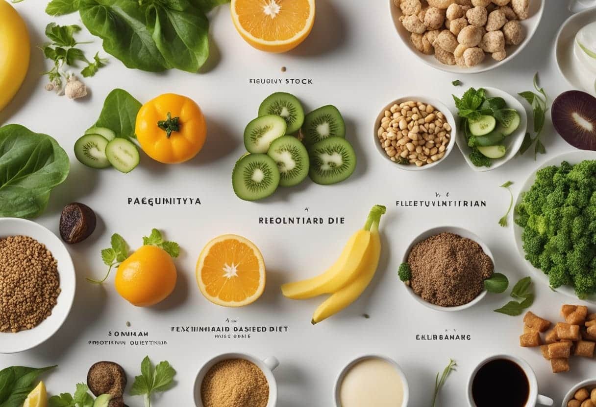 A table with a variety of plant-based and animal-derived foods, surrounded by question marks and a title "Frequently Asked Questions Flexitarian diet"