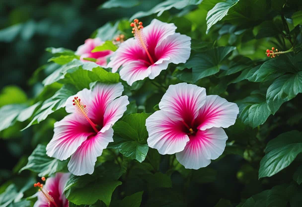 Bright hibiscus flowers surrounded by healthy green leaves, with a sense of vitality and wellness emanating from the scene