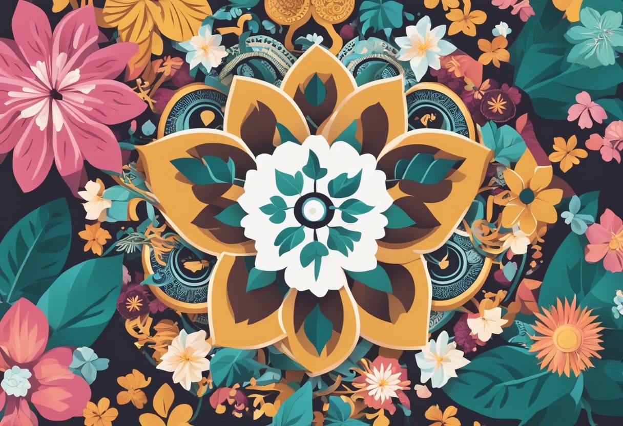 A hibiscus flower surrounded by diverse global symbols, representing its impact on health worldwide