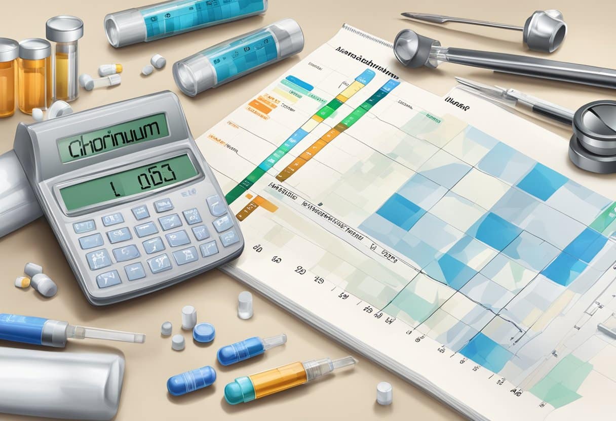 A laboratory table with vials labeled "Chromium" and "Vanadium" next to a diabetes management chart and insulin syringes