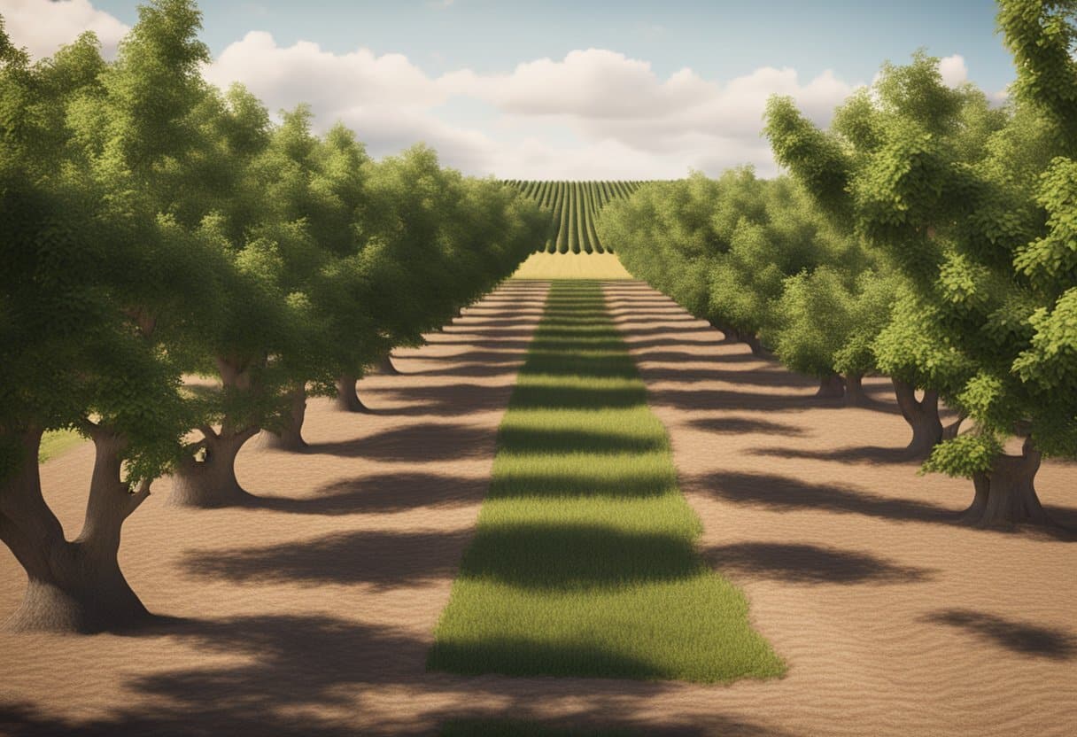 A lush orchard with rows of pecan and walnut trees, surrounded by fertile soil and bountiful harvest. A scale showing pecan's higher economic value