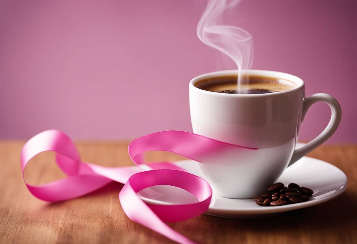 A steaming cup of coffee surrounded by medical research papers on triple-negative breast cancer