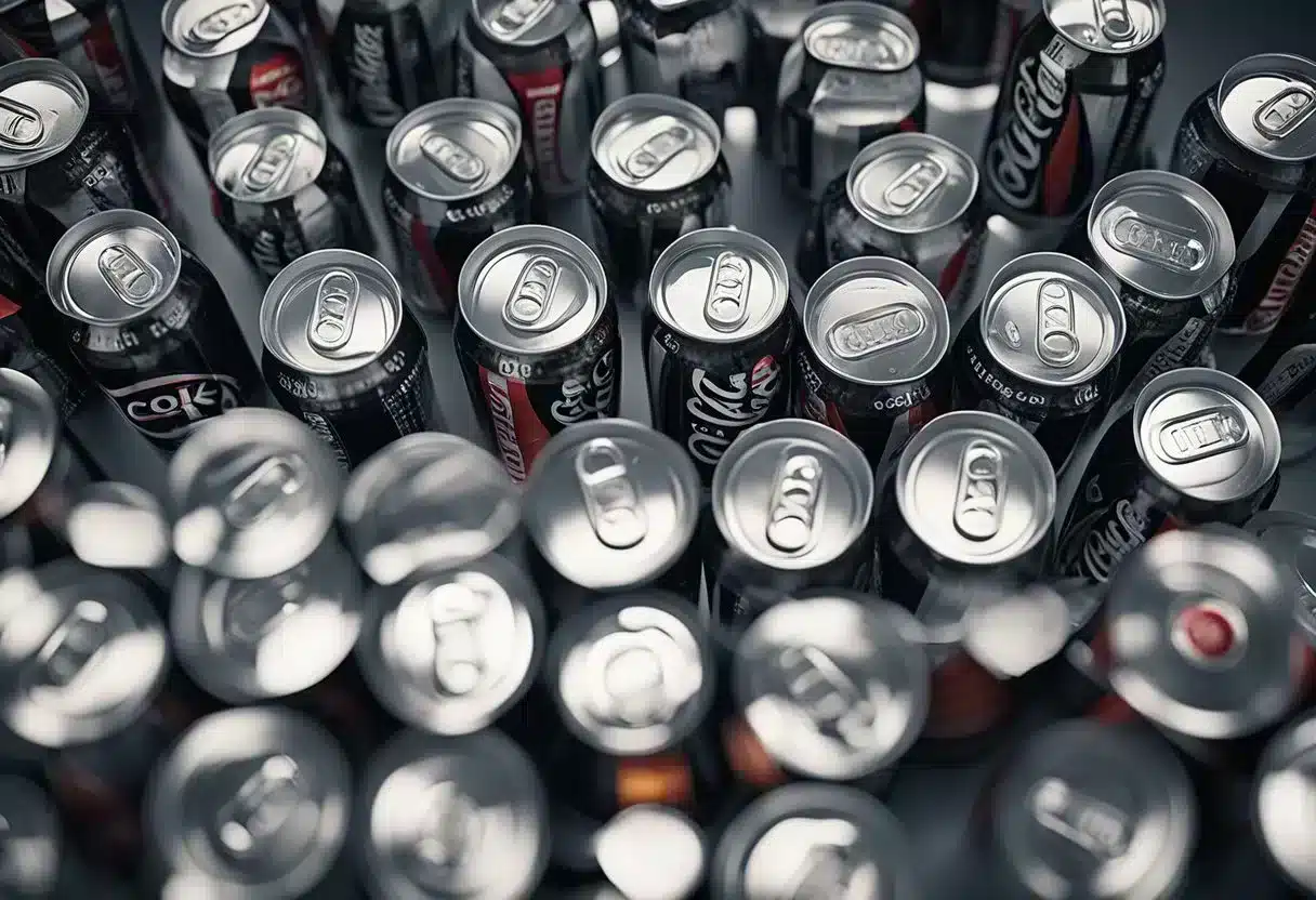Two soda cans, one labeled "Diet Coke" and the other "Coke Zero," sit side by side on a sleek, modern tabletop. The cans are surrounded by ice cubes and garnished with a slice of lemon