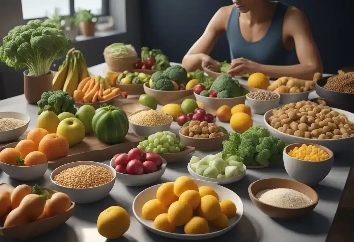 A table with a variety of foods, including fruits, vegetables, lean proteins, and whole grains. A person is confused, looking at the different options