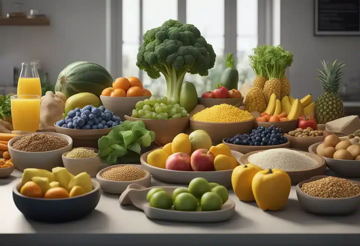 A table with various food items, including fruits, vegetables, proteins, and grains, surrounded by conflicting dietary guidelines and labels