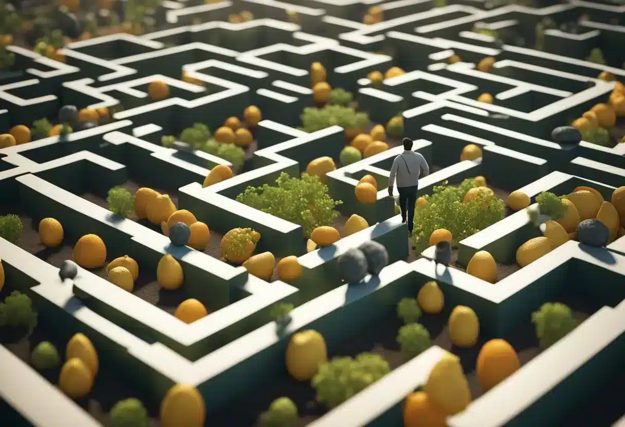 A person carefully navigating a maze of conflicting food choices, while avoiding pitfalls and obstacles representing metabolic confusion diet