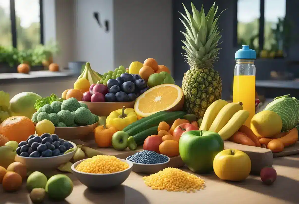 A colorful array of fruits, vegetables, lean proteins, and whole grains arranged on a table, surrounded by exercise equipment and a water bottle